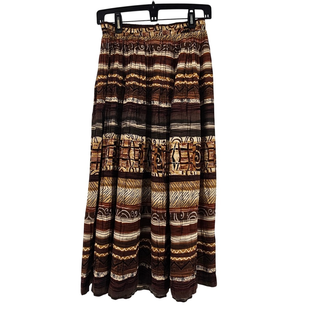 Vintage Stonebridge Boho Brown Tribal Elastic Waist Maxi Skirt Peasant Hippie PS